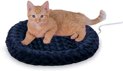 Bolster Heated Cat Bed for Indoor Cats, Thermo-Kitty Fashion Splash Orthopedic Foam Heated Pet Bed for Cats or Dogs, Waterproof Pet Heater, Safety Listed Small 18In round Blue.
