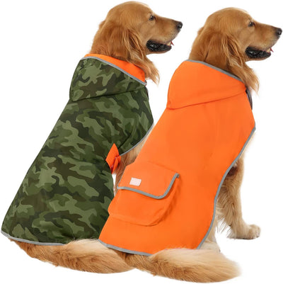 Adventure-Ready Reversible Dog Raincoat - Camo & Orange Slicker Poncho for All Breeds.