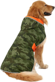 Adventure-Ready Reversible Dog Raincoat - Camo & Orange Slicker Poncho for All Breeds.